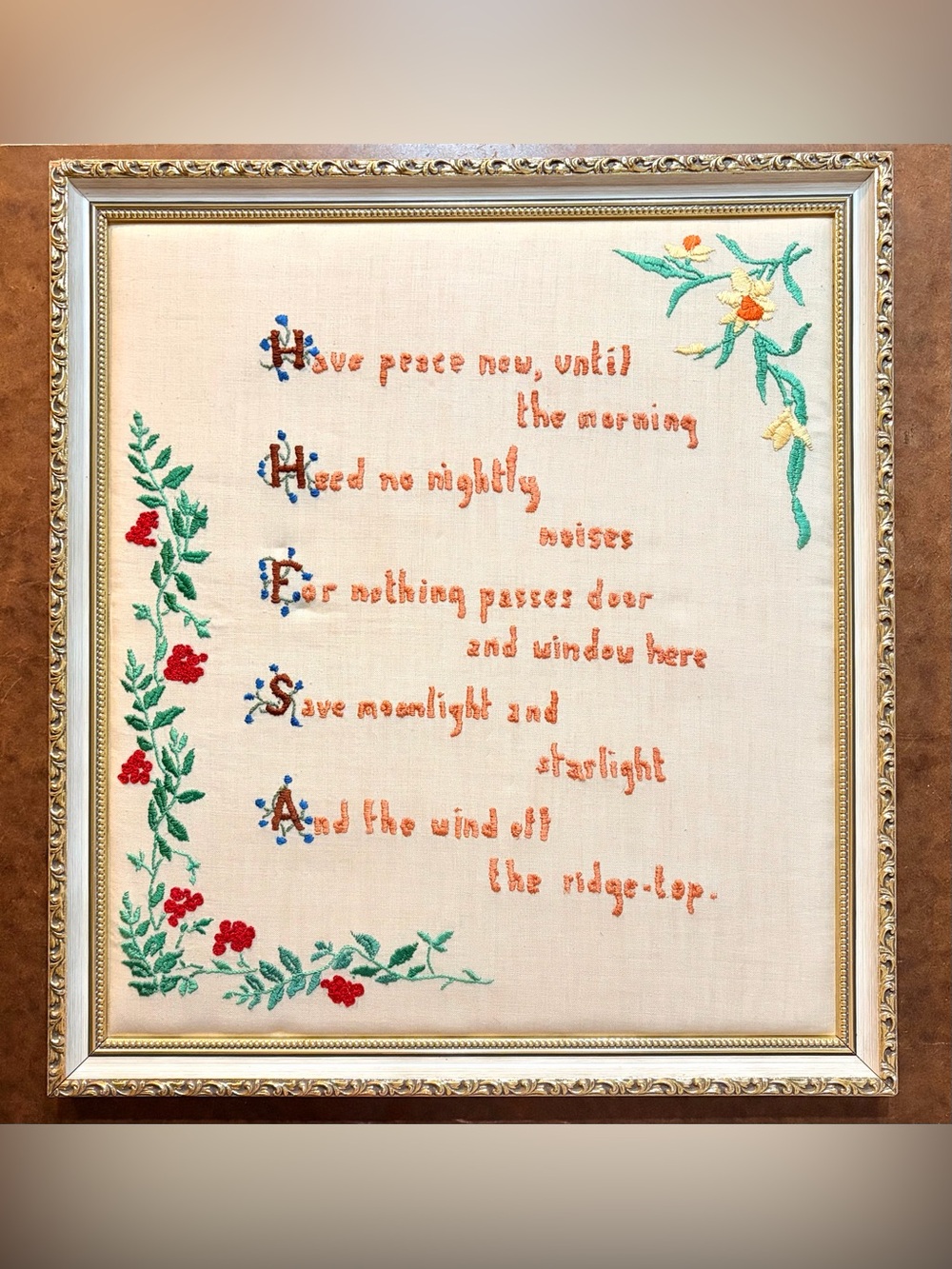 Vintage- Embroidered Floral Sampler Wall Art in Cream, Red & Green